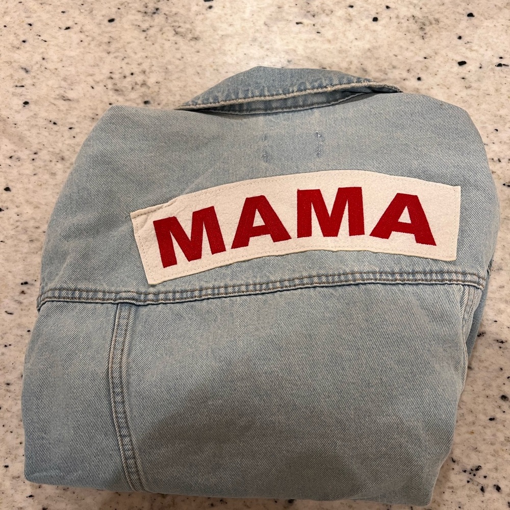 Isabel Maternity by Ingrid & Isabel Light Blue Jean Jacket with Red 'MAMA' Patch